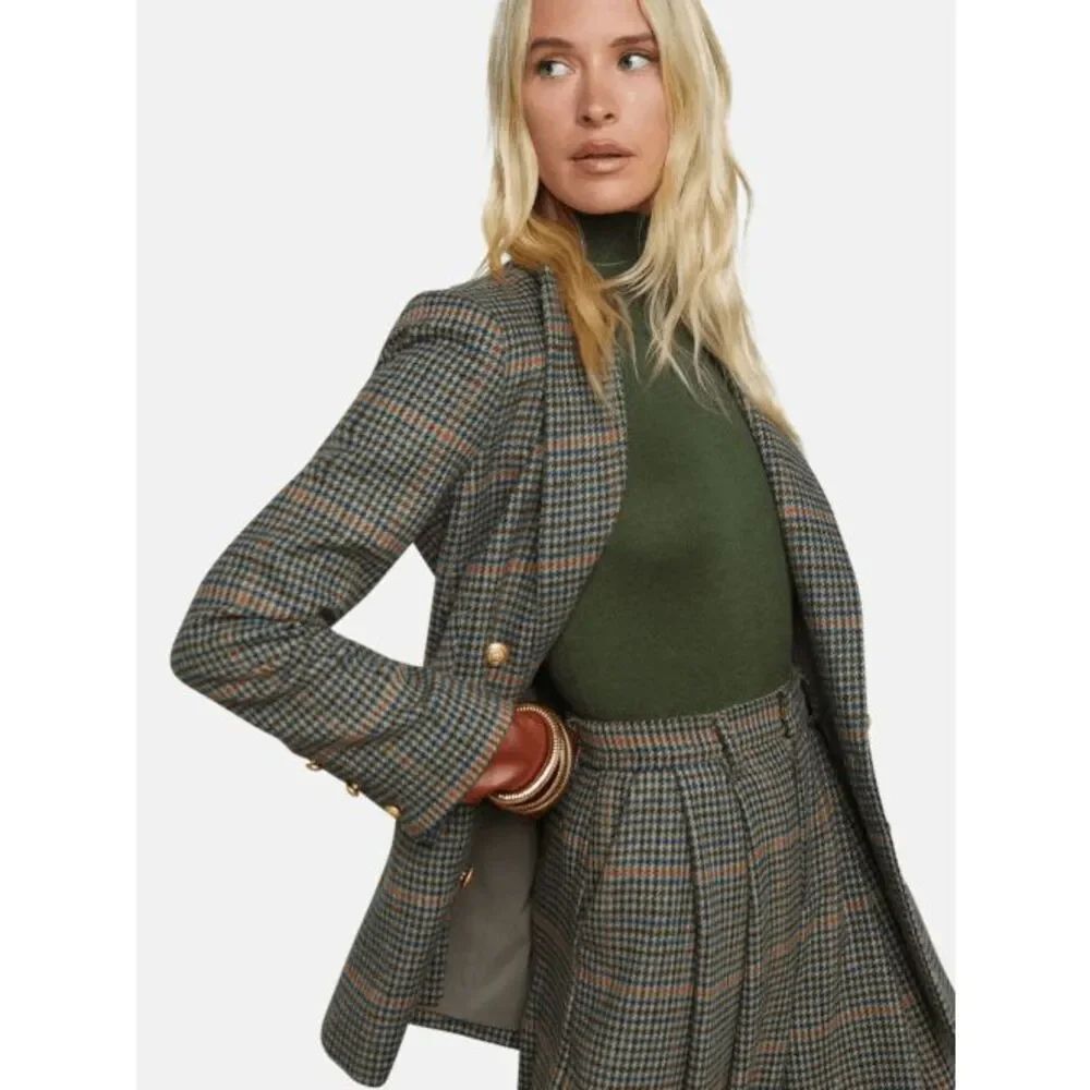 L'Agence Aimee Boyfriend Blazer - Tan/Teal Plaid / 10